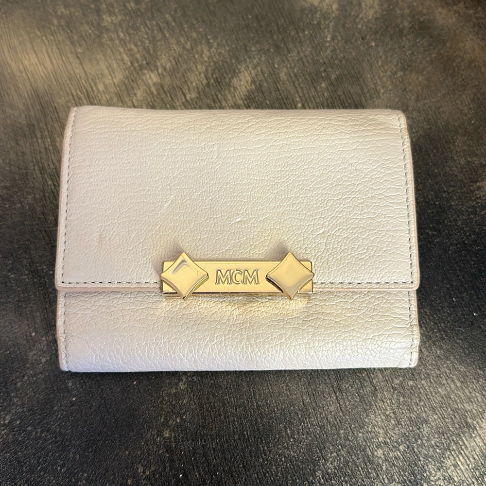 MCM WORLDWIDE beige ivory leather wallet with gold hardware tri fold